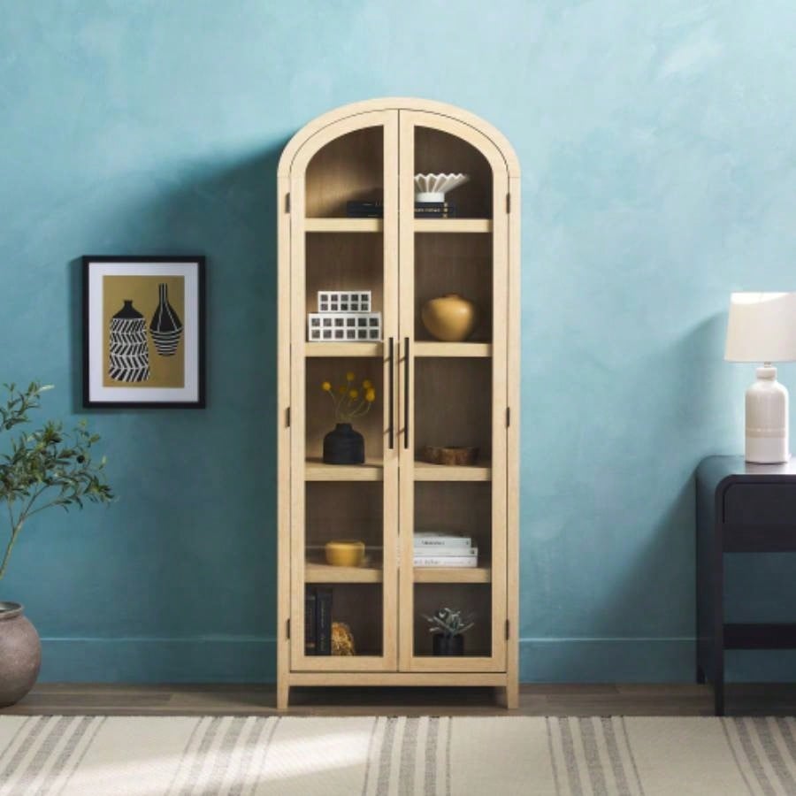 Modern 5 Shelf Arched Tall Bookcase with Glass Doors - Oak