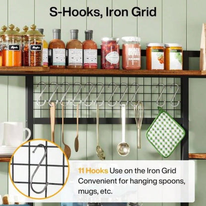 Large 55 Bakers Rack with Hutch - 5 - Tier Industrial Kitchen Storage Shelf with Hooks Microwave Stand, Rustic Brown Kitchen Hutch Cabinet Organizer with Metal Frame, Utility Pantry Rack
