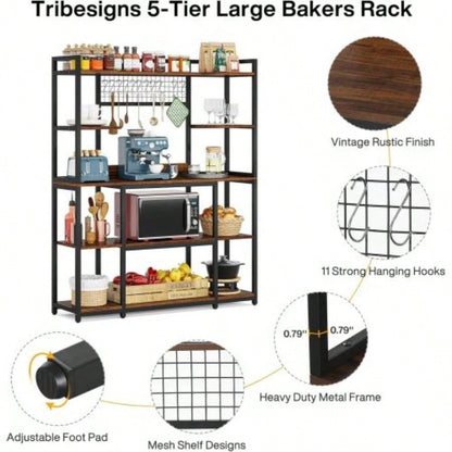 Large 55 Bakers Rack with Hutch - 5 - Tier Industrial Kitchen Storage Shelf with Hooks Microwave Stand, Rustic Brown Kitchen Hutch Cabinet Organizer with Metal Frame, Utility Pantry Rack