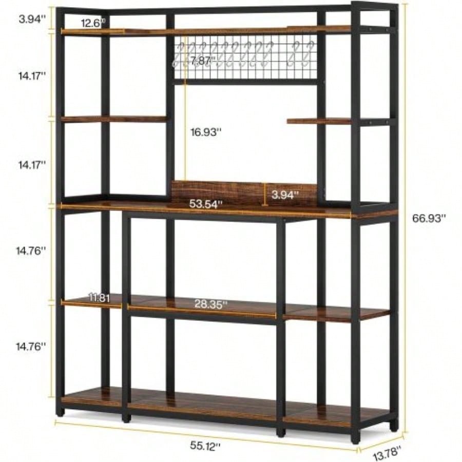 Large 55 Bakers Rack with Hutch - 5 - Tier Industrial Kitchen Storage Shelf with Hooks Microwave Stand, Rustic Brown Kitchen Hutch Cabinet Organizer with Metal Frame, Utility Pantry Rack