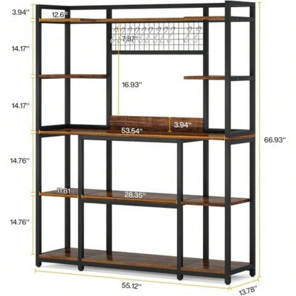 Large 55 Bakers Rack with Hutch - 5 - Tier Industrial Kitchen Storage Shelf with Hooks Microwave Stand, Rustic Brown Kitchen Hutch Cabinet Organizer with Metal Frame, Utility Pantry Rack