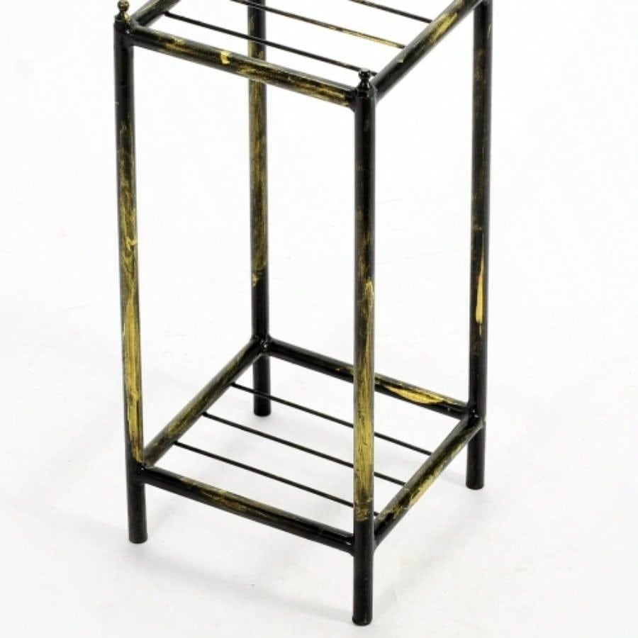 17 Gray Stone Slab 2 Tier Small Square Black/ Gold Cast Metal Plant Stand