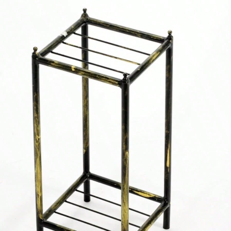 17 Gray Stone Slab 2 Tier Small Square Black/ Gold Cast Metal Plant Stand