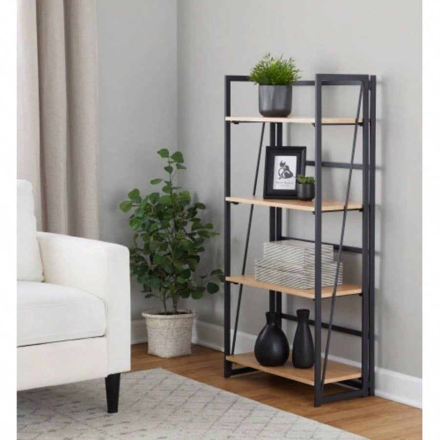 Dakota Contemporary Bookcase in Black Painted Metal and Natural Wood by LumiSource