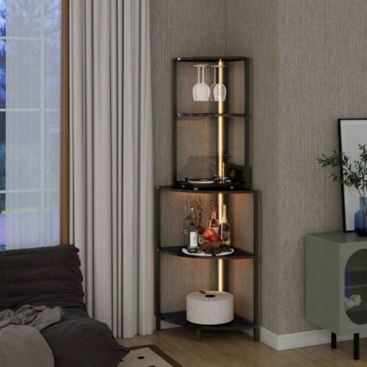 5 Tier Corner Shelf with LED Light and USB Plug, With Glass Holder, Tall Standing Shelf Wall Corner, Narrow Bookshelf