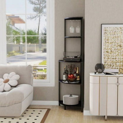 5 Tier Corner Shelf with LED Light and USB Plug, With Glass Holder, Tall Standing Shelf Wall Corner, Narrow Bookshelf