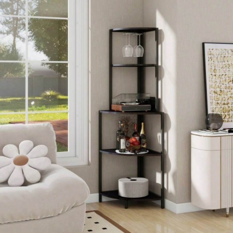 5 Tier Corner Shelf with LED Light and USB Plug, With Glass Holder, Tall Standing Shelf Wall Corner, Narrow Bookshelf