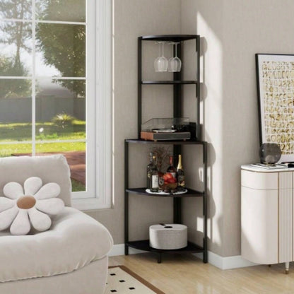 5 Tier Corner Shelf with LED Light and USB Plug, With Glass Holder, Tall Standing Shelf Wall Corner, Narrow Bookshelf