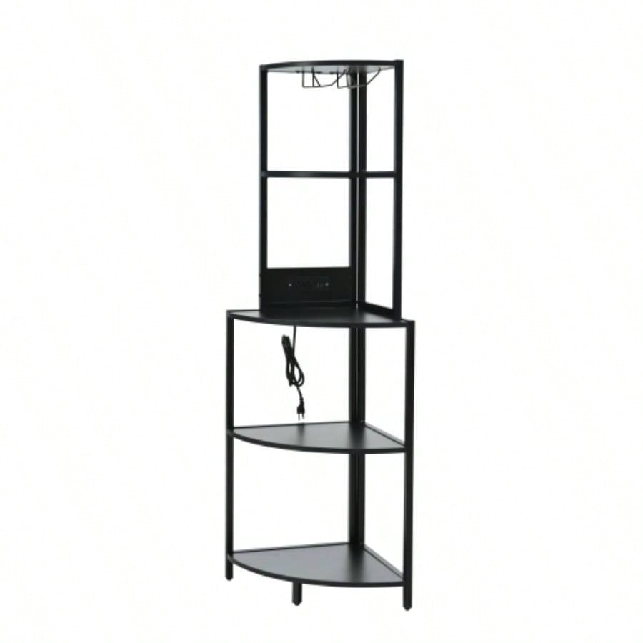5 Tier Corner Shelf with LED Light and USB Plug, With Glass Holder, Tall Standing Shelf Wall Corner, Narrow Bookshelf