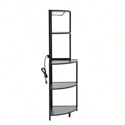 5 Tier Corner Shelf with LED Light and USB Plug, With Glass Holder, Tall Standing Shelf Wall Corner, Narrow Bookshelf