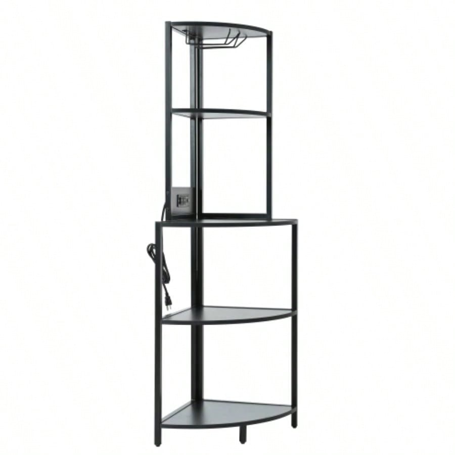 5 Tier Corner Shelf with LED Light and USB Plug, With Glass Holder, Tall Standing Shelf Wall Corner, Narrow Bookshelf