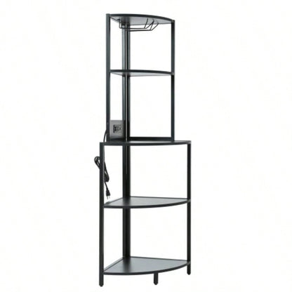 5 Tier Corner Shelf with LED Light and USB Plug, With Glass Holder, Tall Standing Shelf Wall Corner, Narrow Bookshelf