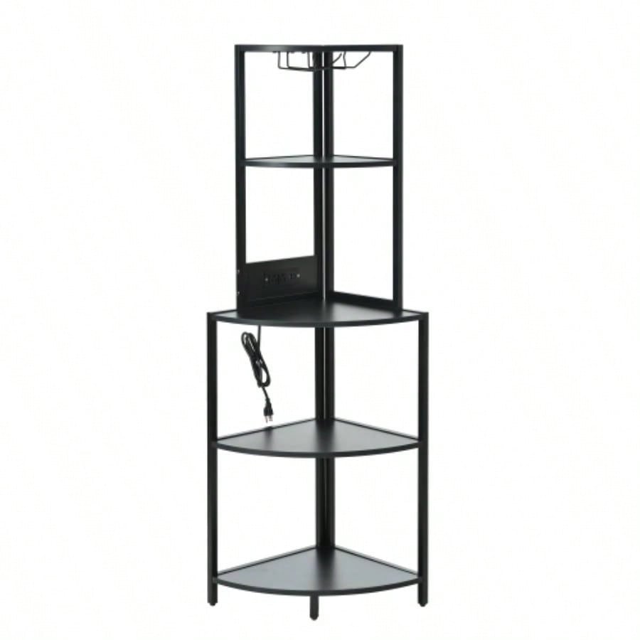 5 Tier Corner Shelf with LED Light and USB Plug, With Glass Holder, Tall Standing Shelf Wall Corner, Narrow Bookshelf