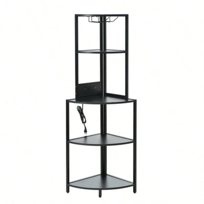 5 Tier Corner Shelf with LED Light and USB Plug, With Glass Holder, Tall Standing Shelf Wall Corner, Narrow Bookshelf