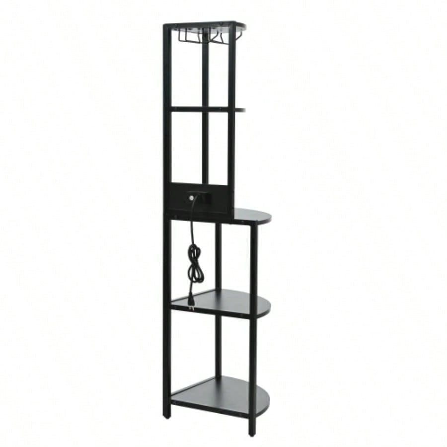 5 Tier Corner Shelf with LED Light and USB Plug, With Glass Holder, Tall Standing Shelf Wall Corner, Narrow Bookshelf