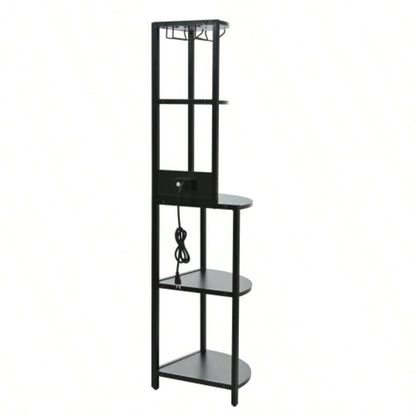 5 Tier Corner Shelf with LED Light and USB Plug, With Glass Holder, Tall Standing Shelf Wall Corner, Narrow Bookshelf