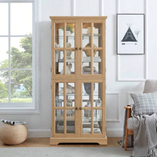 Curio Display Cabinet, Antique Display Cabinet with Glass Doors Adjustable Shelves Collectibles Four Door Design Vintage Showcase Home or Office Antique Display E26 Bulb Included OAK