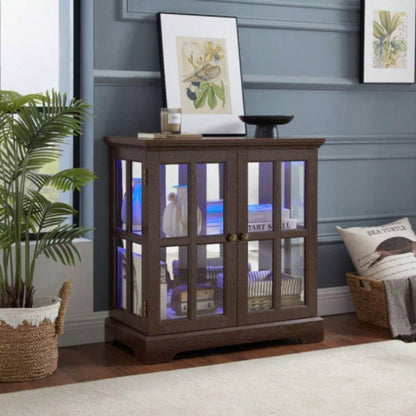 LED Curio Display Cabinet, Antique Display Cabinet with Adjustable Shelves, Retro Design Quality Showcase with Lattice Doors Elegant Bookcase and Storage Cabinet Home Decor and Organization CHE