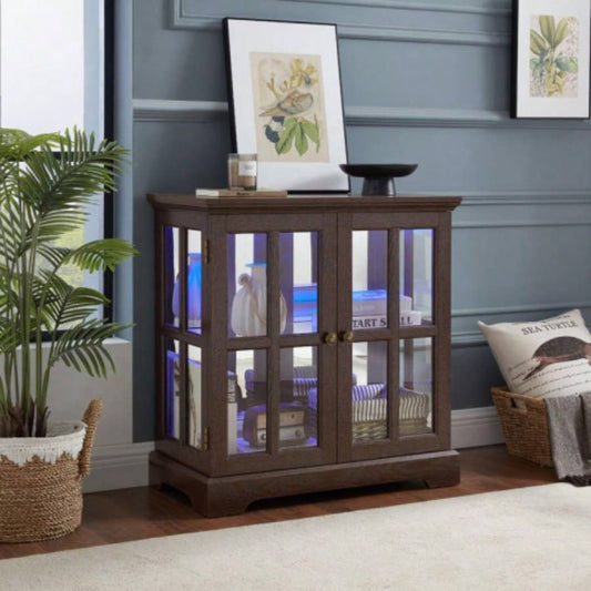 LED Curio Display Cabinet, Antique Display Cabinet with Adjustable Shelves, Retro Design Quality Showcase with Lattice Doors Elegant Bookcase and Storage Cabinet Home Decor and Organization CHE