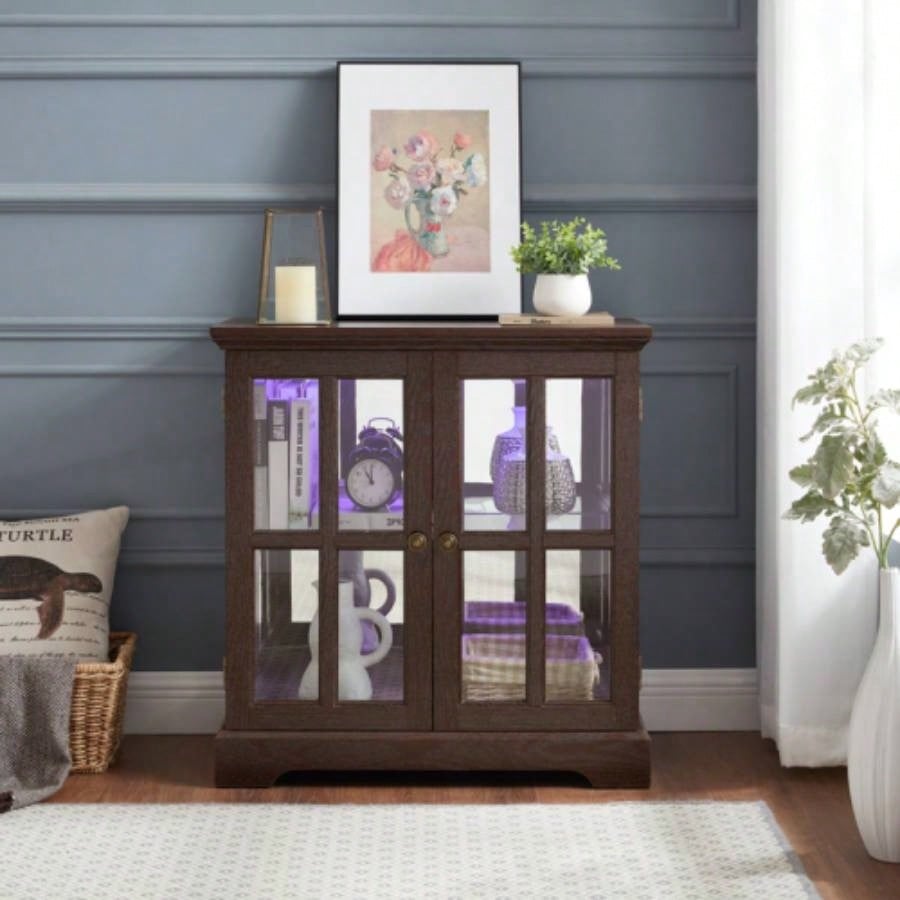 LED Curio Display Cabinet, Antique Display Cabinet with Adjustable Shelves, Retro Design Quality Showcase with Lattice Doors Elegant Bookcase and Storage Cabinet Home Decor and Organization CHE