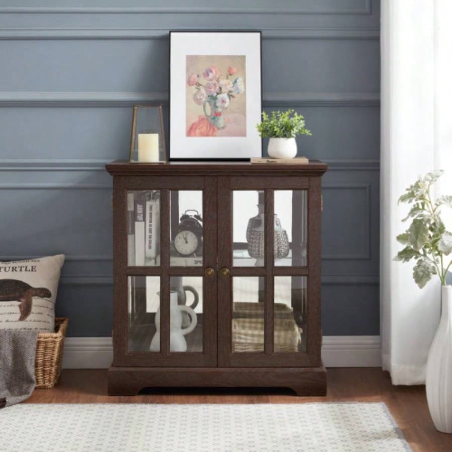 LED Curio Display Cabinet, Antique Display Cabinet with Adjustable Shelves, Retro Design Quality Showcase with Lattice Doors Elegant Bookcase and Storage Cabinet Home Decor and Organization CHE