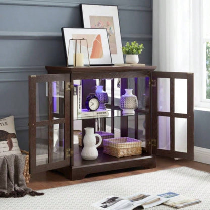 LED Curio Display Cabinet, Antique Display Cabinet with Adjustable Shelves, Retro Design Quality Showcase with Lattice Doors Elegant Bookcase and Storage Cabinet Home Decor and Organization CHE