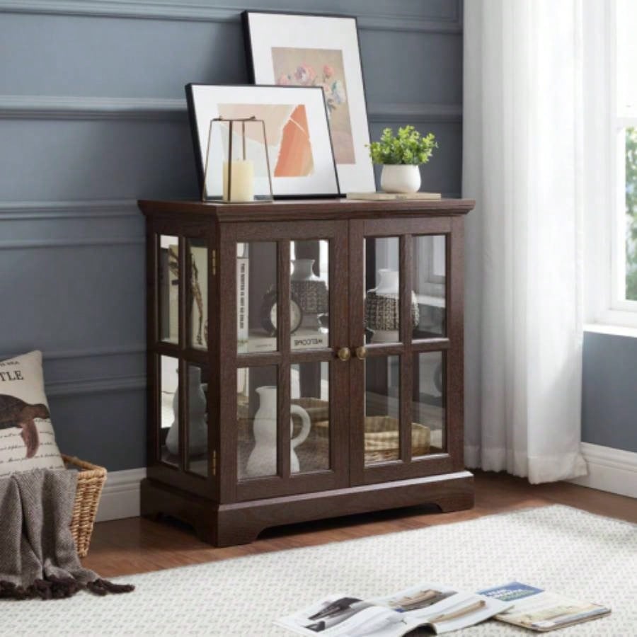 LED Curio Display Cabinet, Antique Display Cabinet with Adjustable Shelves, Retro Design Quality Showcase with Lattice Doors Elegant Bookcase and Storage Cabinet Home Decor and Organization CHE