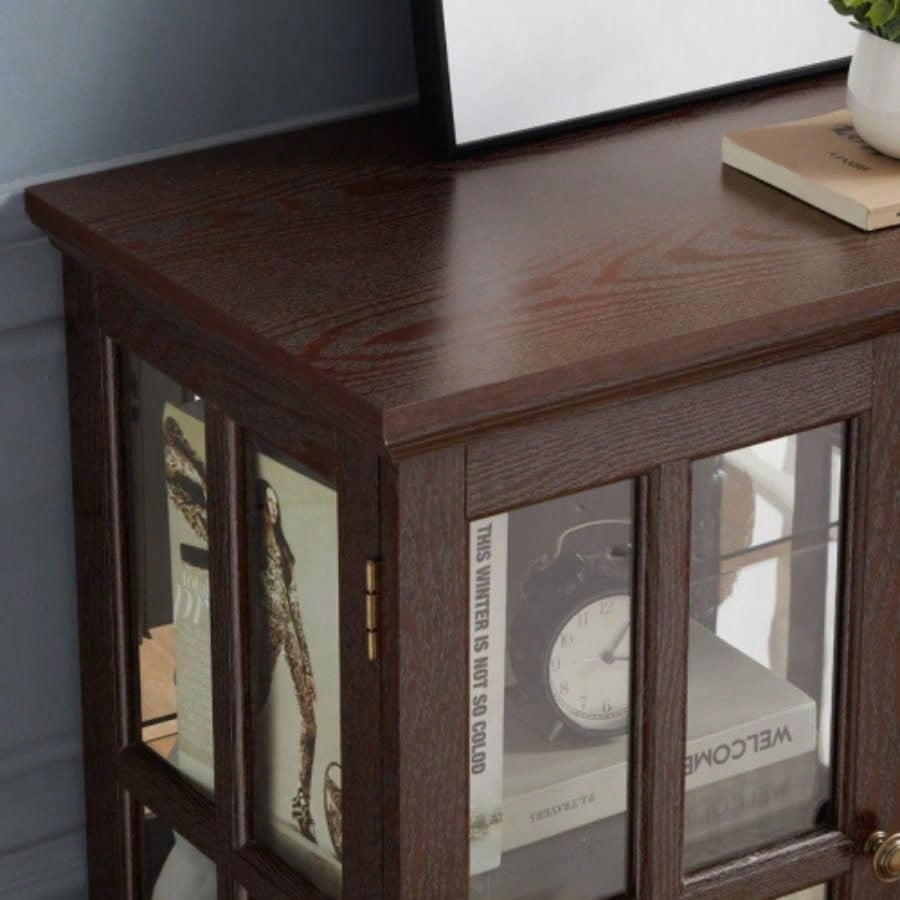 LED Curio Display Cabinet, Antique Display Cabinet with Adjustable Shelves, Retro Design Quality Showcase with Lattice Doors Elegant Bookcase and Storage Cabinet Home Decor and Organization CHE