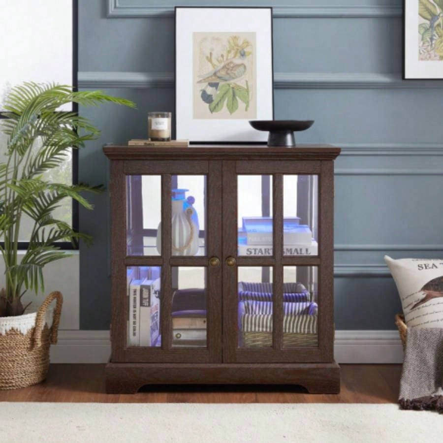 LED Curio Display Cabinet, Antique Display Cabinet with Adjustable Shelves, Retro Design Quality Showcase with Lattice Doors Elegant Bookcase and Storage Cabinet Home Decor and Organization CHE