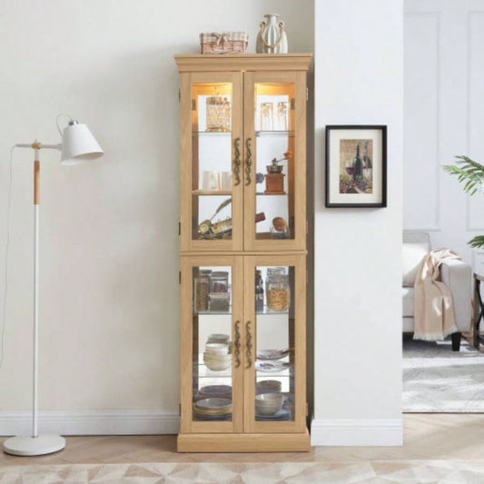 Lighted Glass Curio Display Cabinet, Display Cabinet, Glass Storage Cabinet Glass Wine cabinet Wood Frame Toy Display Living Room, Kitchen, Pantry light bulb included Light oak