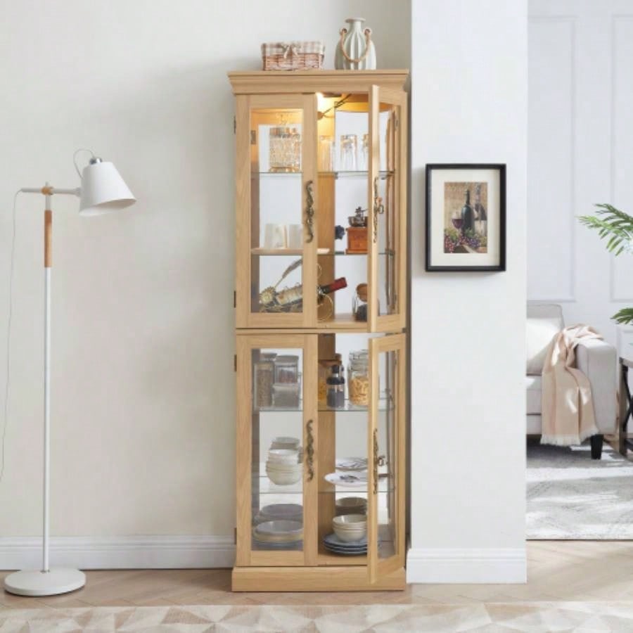 Lighted Glass Curio Display Cabinet, Display Cabinet, Glass Storage Cabinet Glass Wine cabinet Wood Frame Toy Display Living Room, Kitchen, Pantry light bulb included Light oak