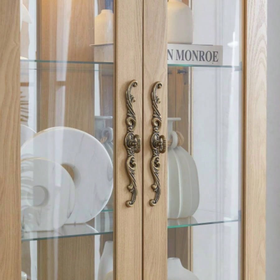 Lighted Glass Curio Display Cabinet, Display Cabinet, Glass Storage Cabinet Glass Wine cabinet Wood Frame Toy Display Living Room, Kitchen, Pantry light bulb included Light oak