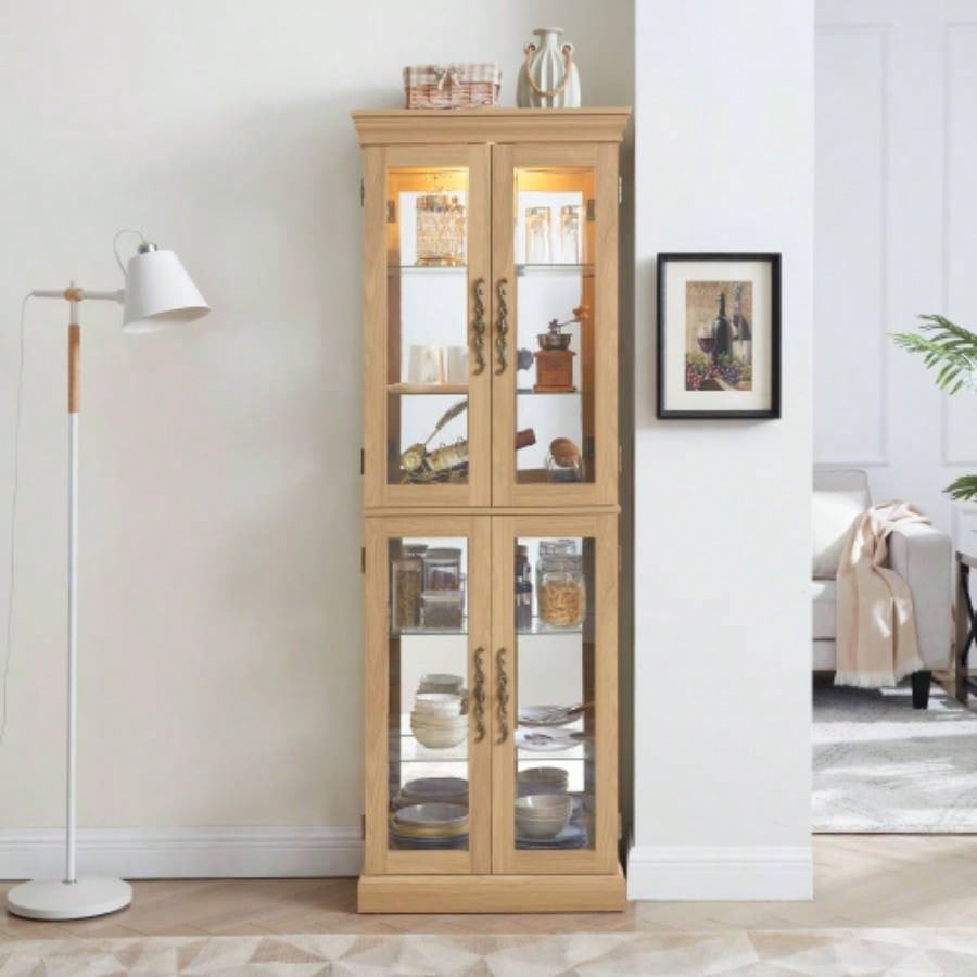 Lighted Glass Curio Display Cabinet, Display Cabinet, Glass Storage Cabinet Glass Wine cabinet Wood Frame Toy Display Living Room, Kitchen, Pantry light bulb included Light oak