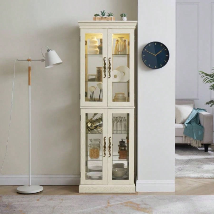 Lighted Glass Curio Display Cabinet, Display Cabinet, Glass Storage Cabinet Glass Wine cabinet Wood Frame Toy Display Living Room, Kitchen, Pantry light bulb included Light oak