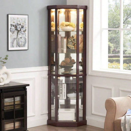 Corner Lighted Curio Cabinet Corner Glass Cabinet Lighted Curio Cabinet Corner Display Living Room, Curio Cabinet, Antique, Wine, Bar Glass Storage Light Included, Dark Cherry