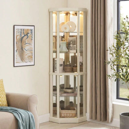 Corner Lighted Curio Cabinet Corner Glass Cabinet Lighted Curio Cabinet Corner Display Living Room, Curio Cabinet, Antique, Wine, Bar Glass Storage Light Included, Antique White