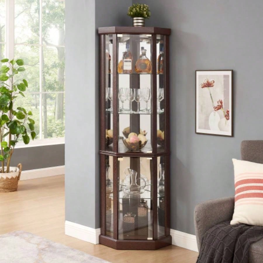 Corner Lighted Curio Cabinet Corner Glass Cabinet Lighted Curio Cabinet Corner Display Living Room, Curio Cabinet, Antique, Wine, Bar Glass Storage Light Included, Dark Cherry