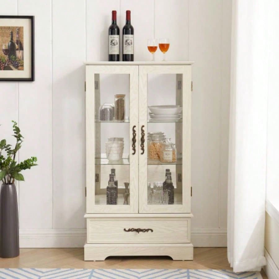 Glass Cabinet Lighted Glass Cabinet Curio Display Cabinet with Adjustable Glass Shelves 2 Doors and 1 drawer Cabinet Bulb Included Cherry