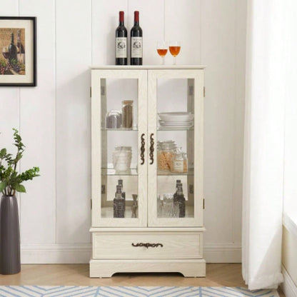 Glass Cabinet Lighted Glass Cabinet Curio Display Cabinet with Adjustable Glass Shelves 2 Doors and 1 drawer Cabinet Bulb Included Cherry