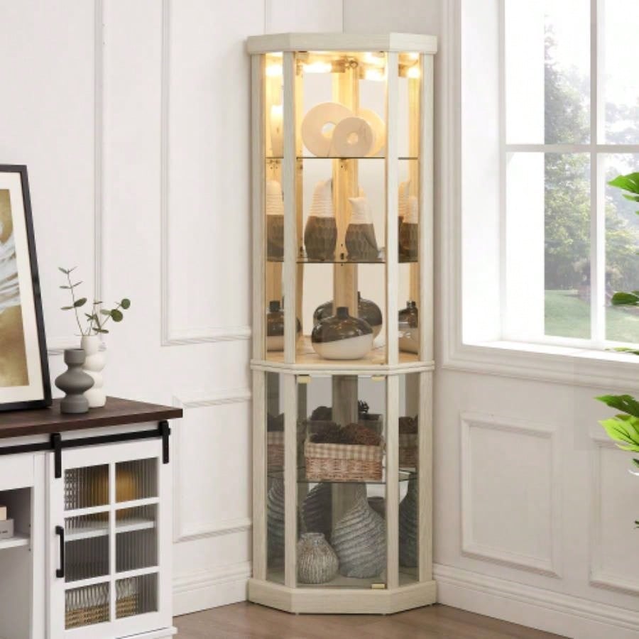 Corner Lighted Curio Cabinet Corner Glass Cabinet Lighted Curio Cabinet Corner Display Living Room, Curio Cabinet, Antique, Wine, Bar Glass Storage Light Included, Antique White