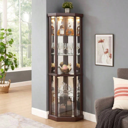 Corner Lighted Curio Cabinet Corner Glass Cabinet Lighted Curio Cabinet Corner Display Living Room, Curio Cabinet, Antique, Wine, Bar Glass Storage Light Included, Dark Cherry