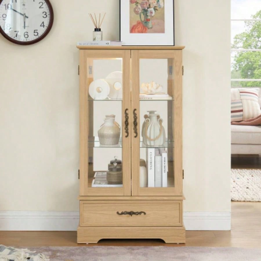Glass Cabinet Lighted Glass Cabinet Curio Display Cabinet with Adjustable Glass Shelves 2 Doors and 1 drawer Cabinet Bulb Included Cherry