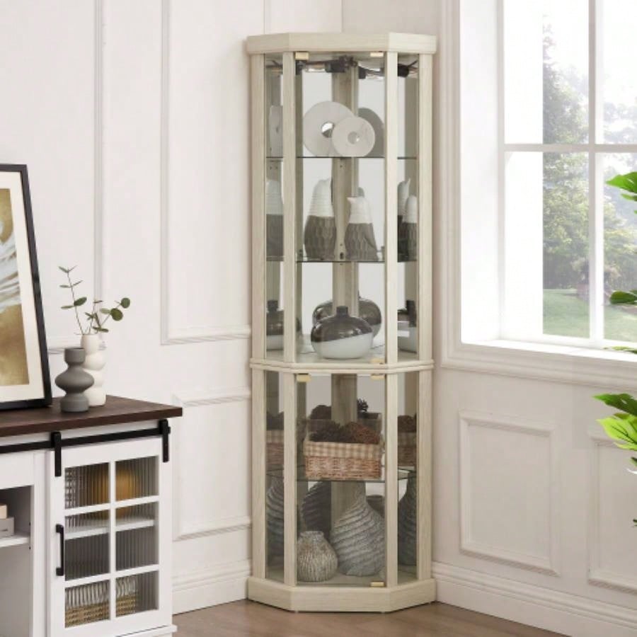 Corner Lighted Curio Cabinet Corner Glass Cabinet Lighted Curio Cabinet Corner Display Living Room, Curio Cabinet, Antique, Wine, Bar Glass Storage Light Included, Antique White