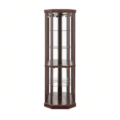 Corner Lighted Curio Cabinet Corner Glass Cabinet Lighted Curio Cabinet Corner Display Living Room, Curio Cabinet, Antique, Wine, Bar Glass Storage Light Included, Dark Cherry