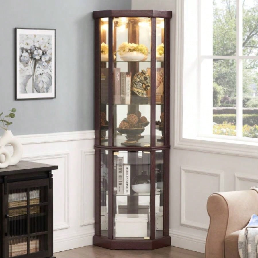Corner Lighted Curio Cabinet Corner Glass Cabinet Lighted Curio Cabinet Corner Display Living Room, Curio Cabinet, Antique, Wine, Bar Glass Storage Light Included, Antique White