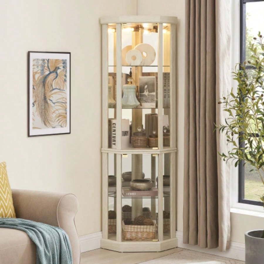 Corner Lighted Curio Cabinet Corner Glass Cabinet Lighted Curio Cabinet Corner Display Living Room, Curio Cabinet, Antique, Wine, Bar Glass Storage Light Included, Antique White