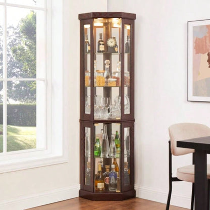 Corner Glass Cabinet Lighted Curio Cabinet Corner Display Living Room, Curio Cabinet, Antique, Wine, Bar Glass Storage Light Included, Dark Cherry