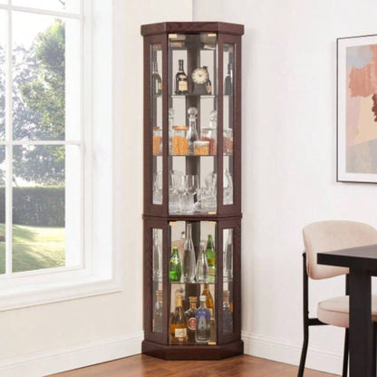 Corner Glass Cabinet Lighted Curio Cabinet Corner Display Living Room, Curio Cabinet, Antique, Wine, Bar Glass Storage Light Included, Dark Cherry