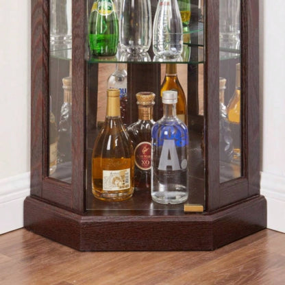 Corner Glass Cabinet Lighted Curio Cabinet Corner Display Living Room, Curio Cabinet, Antique, Wine, Bar Glass Storage Light Included, Dark Cherry