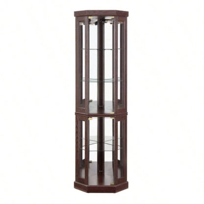 Corner Glass Cabinet Lighted Curio Cabinet Corner Display Living Room, Curio Cabinet, Antique, Wine, Bar Glass Storage Light Included, Dark Cherry